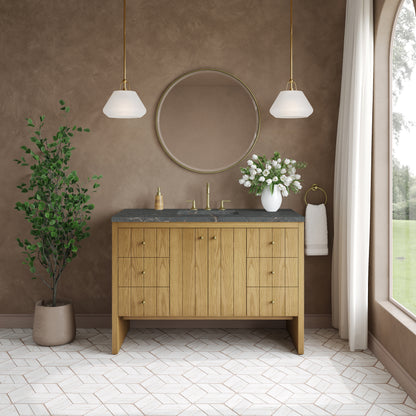 Renovate for Less Atlanta Hudson 48" Single Vanity, Light Natural Oak w/ 3 CM Parisien Bleu Top w/ FreePower Wireless Charger