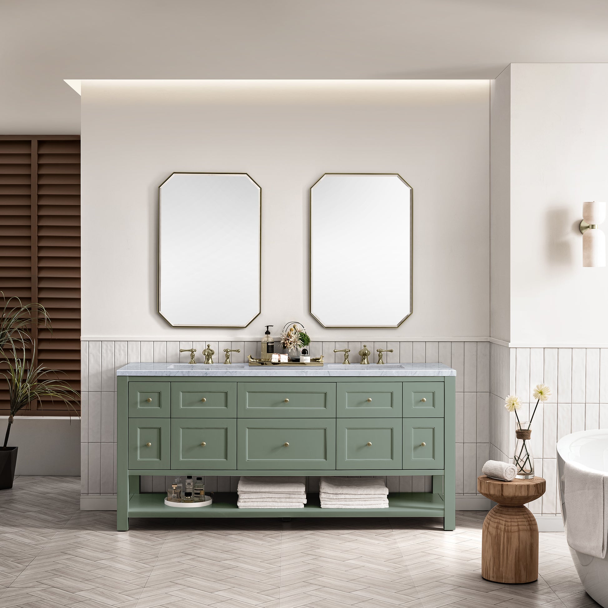 Renovate for Less Atlanta Breckenridge 72" Double Vanity, Smokey Celadon w/ 3 CM Carrara Marble Top