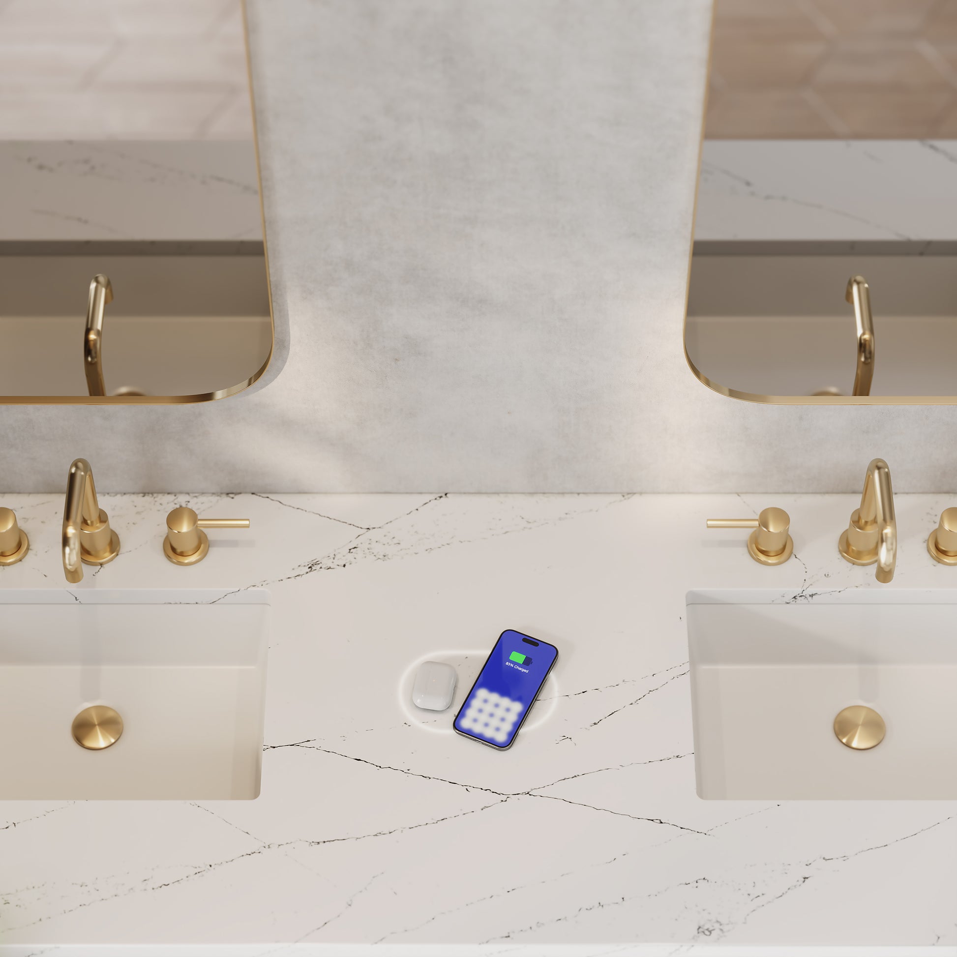Renovate for Less Atlanta Solene 72" Double Vanity, Seaside Oak, w/ 3 CM Ethereal Noctis Silestone Top w/ FreePower Wireless Charger
