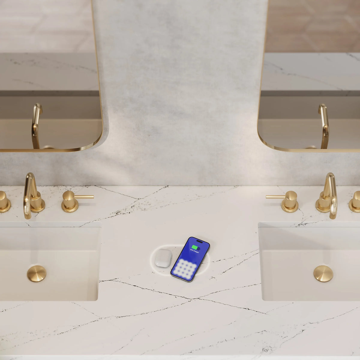 Amberly 72" Double Vanity, Mid-Century Walnut w/ 3 CM Ethereal Noctis Top w/FreePower Wireless Charger