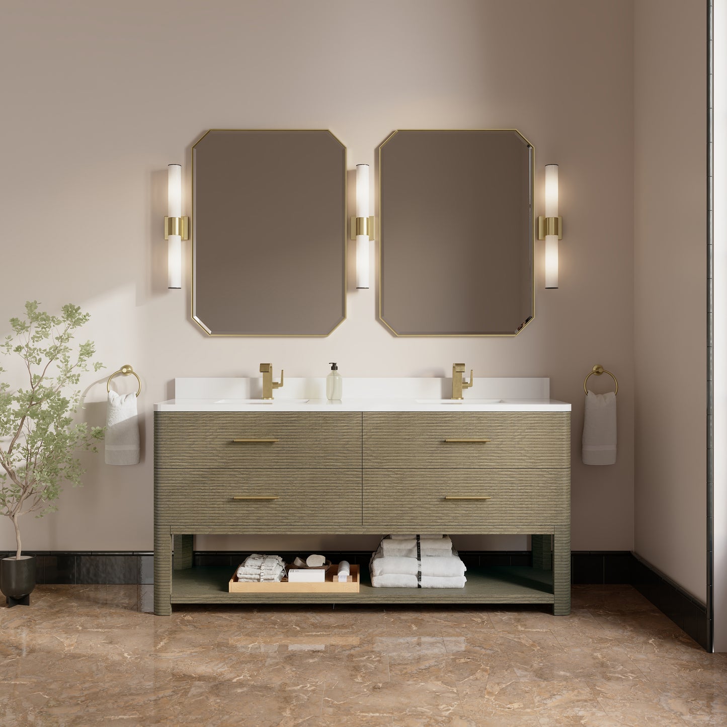 Renovate for Less Atlanta Lucian 72" Double Vanity, Pebble Oak w/ 3 CM White Zeus Silestone Top
