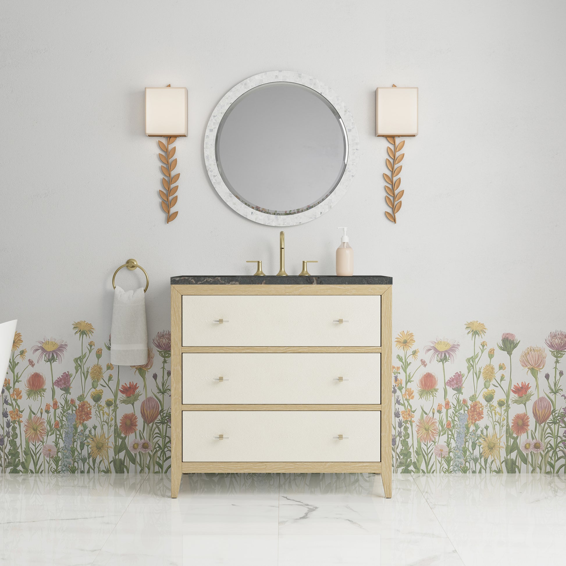 Renovate for Less Atlanta Celeste 36" Single Vanity, Sunwashed Oak with Embossed Shagreen w/ 3 CM Parisien Bleu Silestone Top