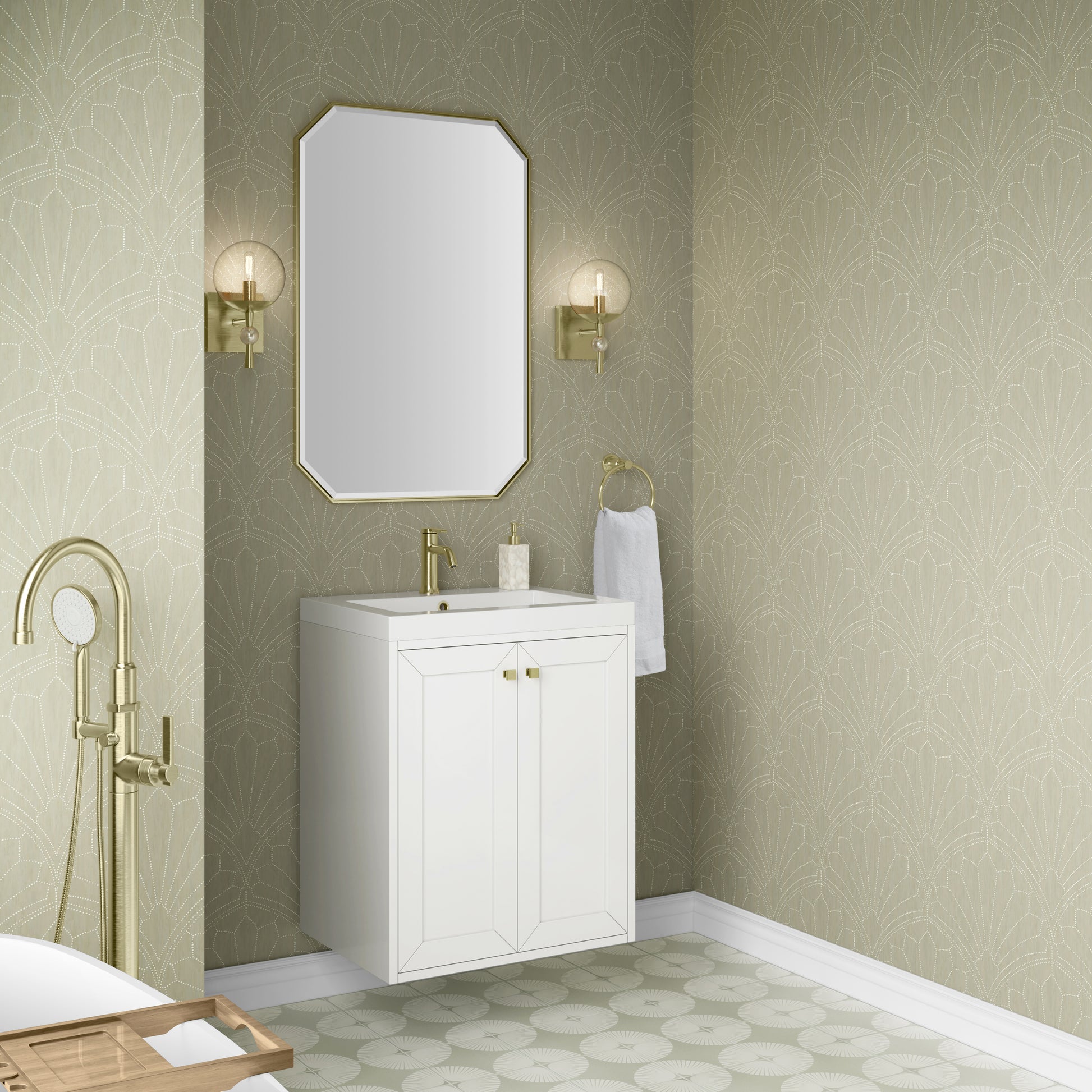 Renovate for Less Atlanta Chianti 24" Single Vanity, Glossy White, Champagne Brass, w/ White Glossy Composite Stone Top
