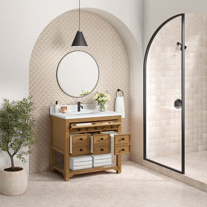 Renovate for Less Atlanta Malibu 36" Single Vanity, Amber Birch w/ Single Hole 3 CM White Zeus Top & Backsplash