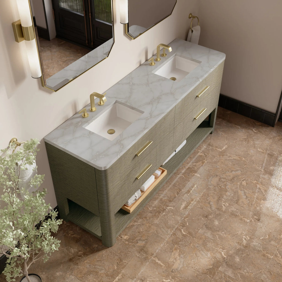 Lucian 72" Double Vanity, Pebble Oak w/ 3 CM Victorian Silver Silestone Widespread Top