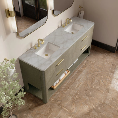 Lucian 72" Double Vanity, Pebble Oak w/ 3 CM Victorian Silver Silestone Widespread Top