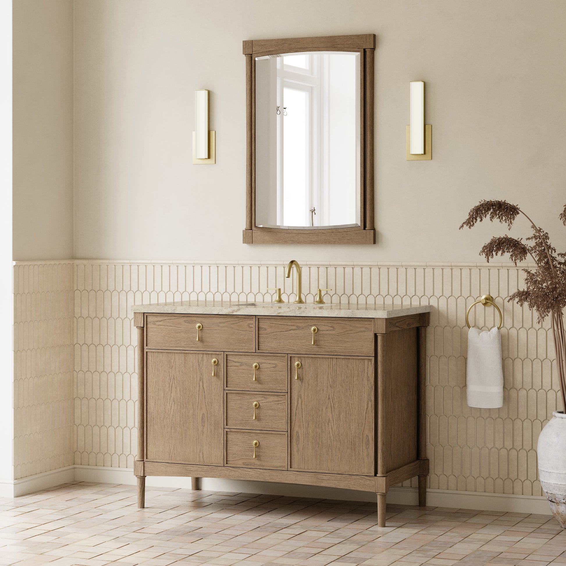 Renovate for Less Atlanta Kinnsden 48" Single Vanity, Weathered Oak w/ 3 CM Tajnar Eclos Top w/FreePower Wireless Charger