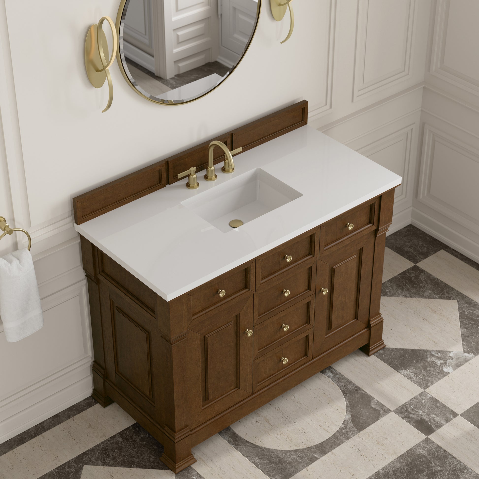 Renovate for Less Atlanta Brookfield 48" Single Vanity, Honey Oak,  w/ 3 CM White Zeus Silestone Top
