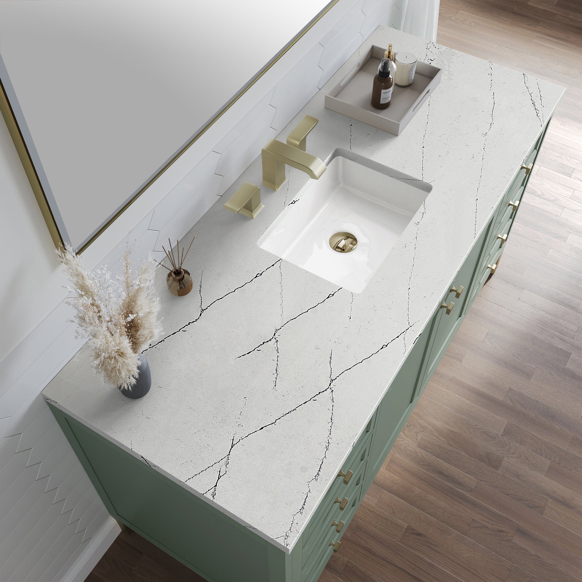 Renovate for Less Atlanta Chicago 60" Single Vanity, Smokey Celadon, w/ 3 CM Ethereal Noctis Silestone® Top