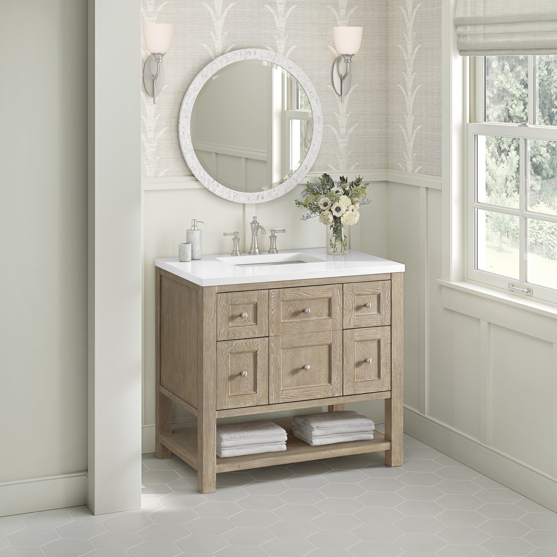 Renovate for Less Atlanta Breckenridge 36" Single Vanity, Whitewashed Oak w/ 3 CM White Zeus Silestone Top