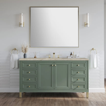 Chicago 60" Single Vanity, Smokey Celadon, w/ 3 CM Tajnar Eclos Top w/FreePower Wireless Charger