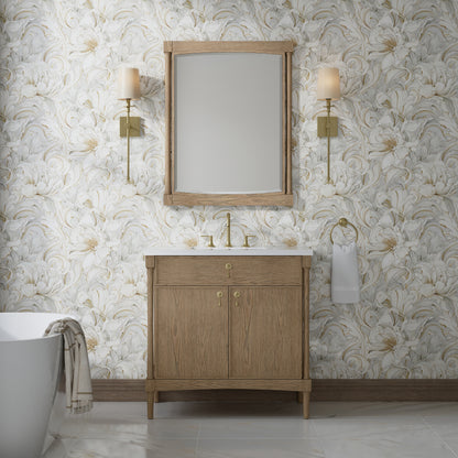 Renovate for Less Atlanta Kinnsden 36" Single Vanity, Weathered Oak w/ 3 CM White Zeus Silestone Top