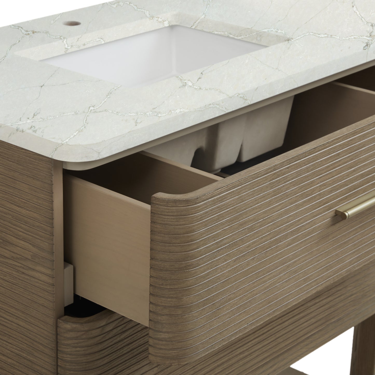 Renovate for Less Atlanta Lucian 72" Double Vanity, Pebble Oak, w/ 3 CM Tajnar Eclos Top w/FreePower Wireless Charger