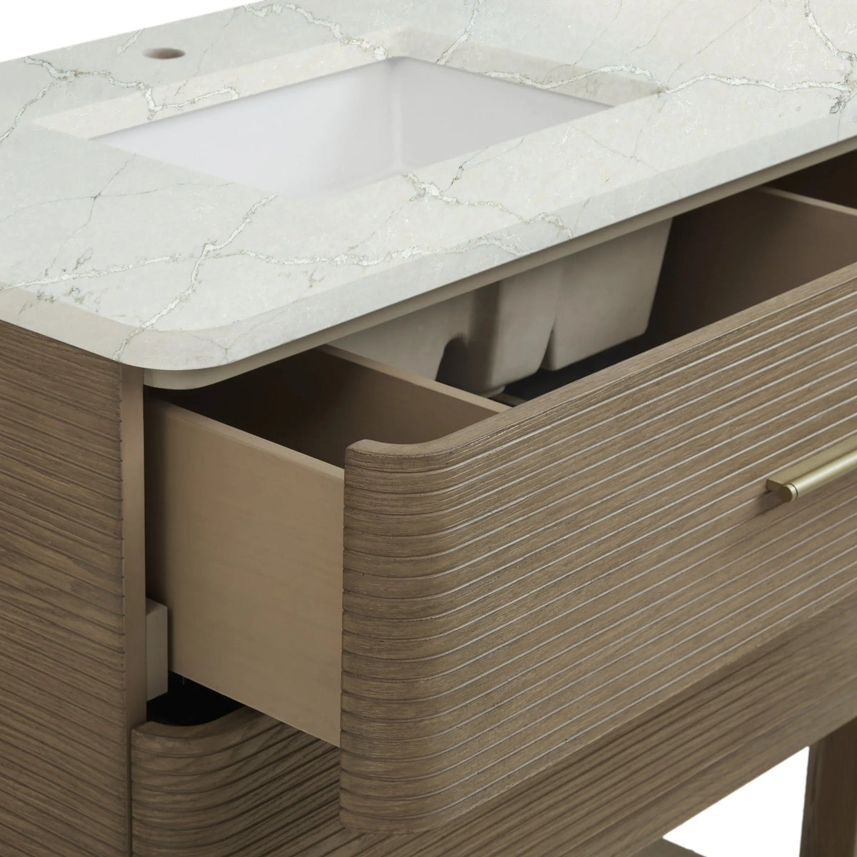 Lucian 72" Double Vanity, Pebble Oak w/ 3 CM White Zeus Silestone Widespread Top
