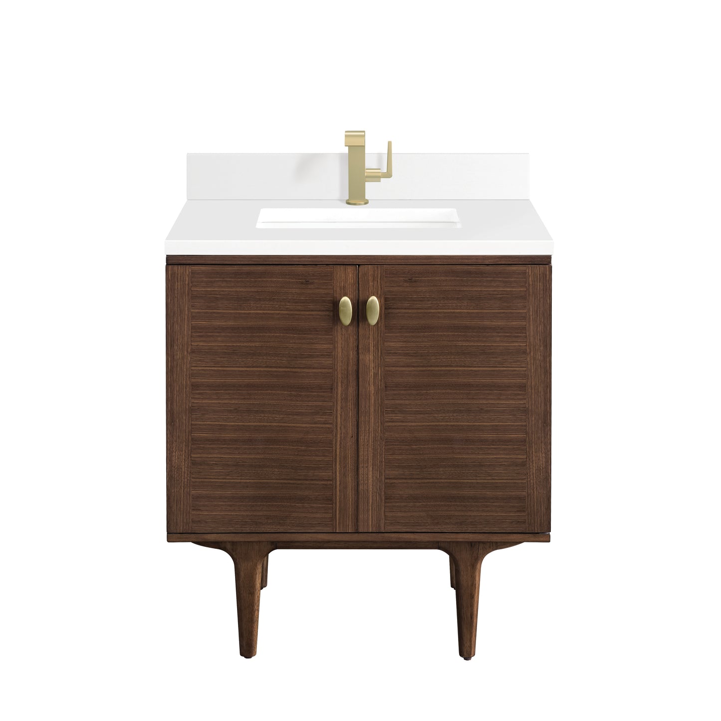 Renovate for Less Atlanta Amberly 30" Single Vanity, Mid-Century Walnut w/ Single Hole 3 CM White Zeus Top & Backsplash