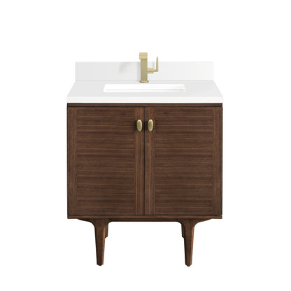Renovate for Less Atlanta Amberly 30" Single Vanity, Mid-Century Walnut w/ Single Hole 3 CM White Zeus Top & Backsplash