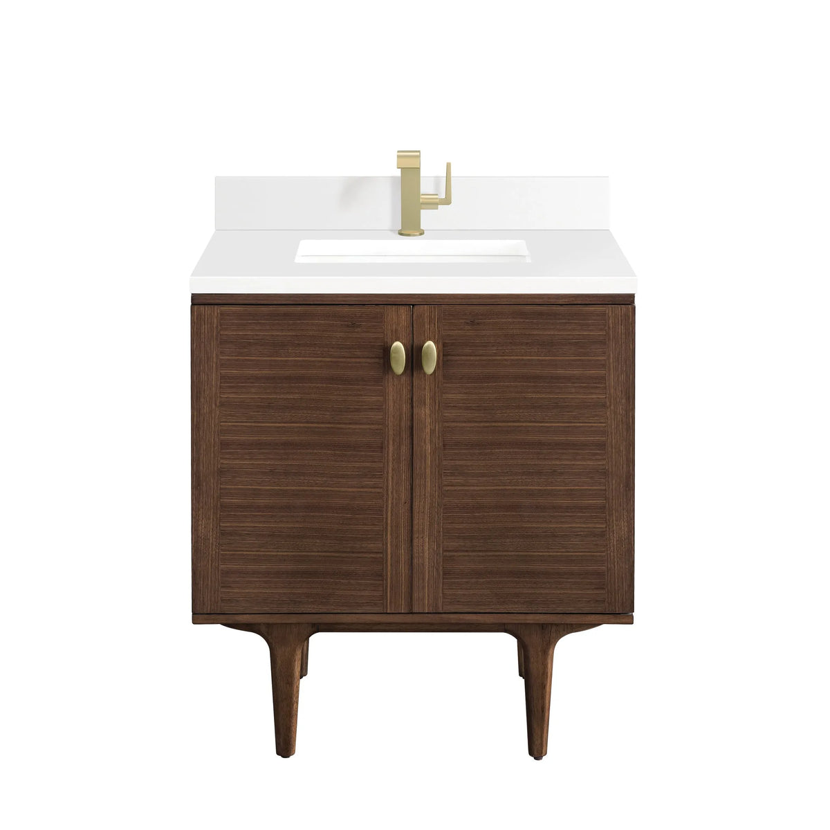 Amberly 30" Single Vanity, Mid-Century Walnut w/ Single Hole 3 CM White Zeus Top & Backsplash