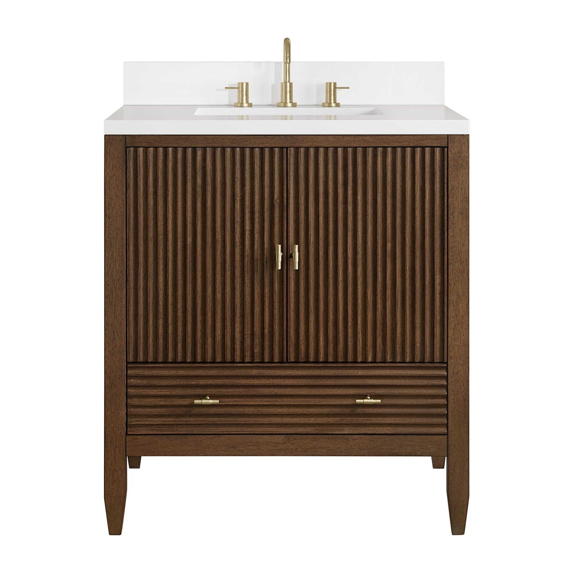 Renovate for Less Atlanta Myrrin 30" Single Vanity, Mid-Century Walnut w/ 3 CM White Zeus Silestone Top