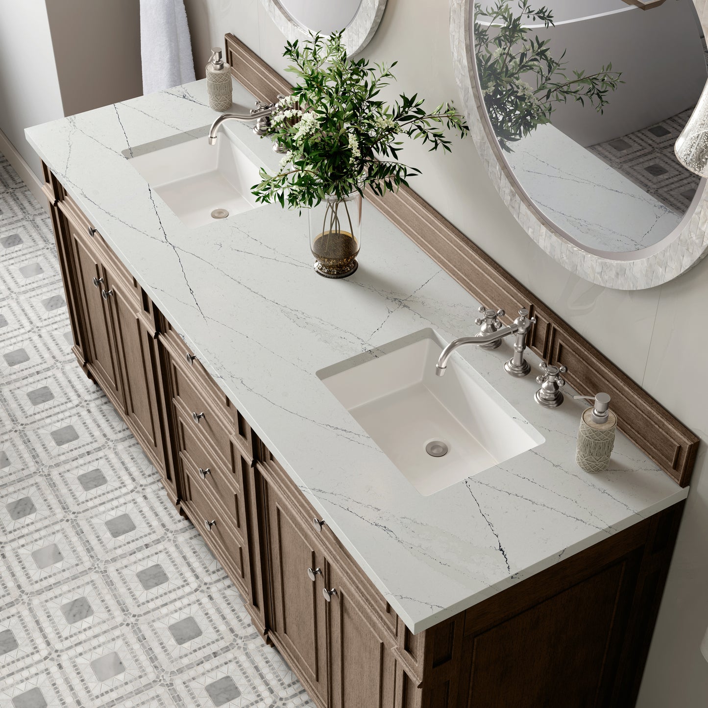 Renovate for Less Atlanta Bristol 72" Double Vanity, Whitewashed Walnut w/ 3 CM Ethereal Noctis Silestone Top