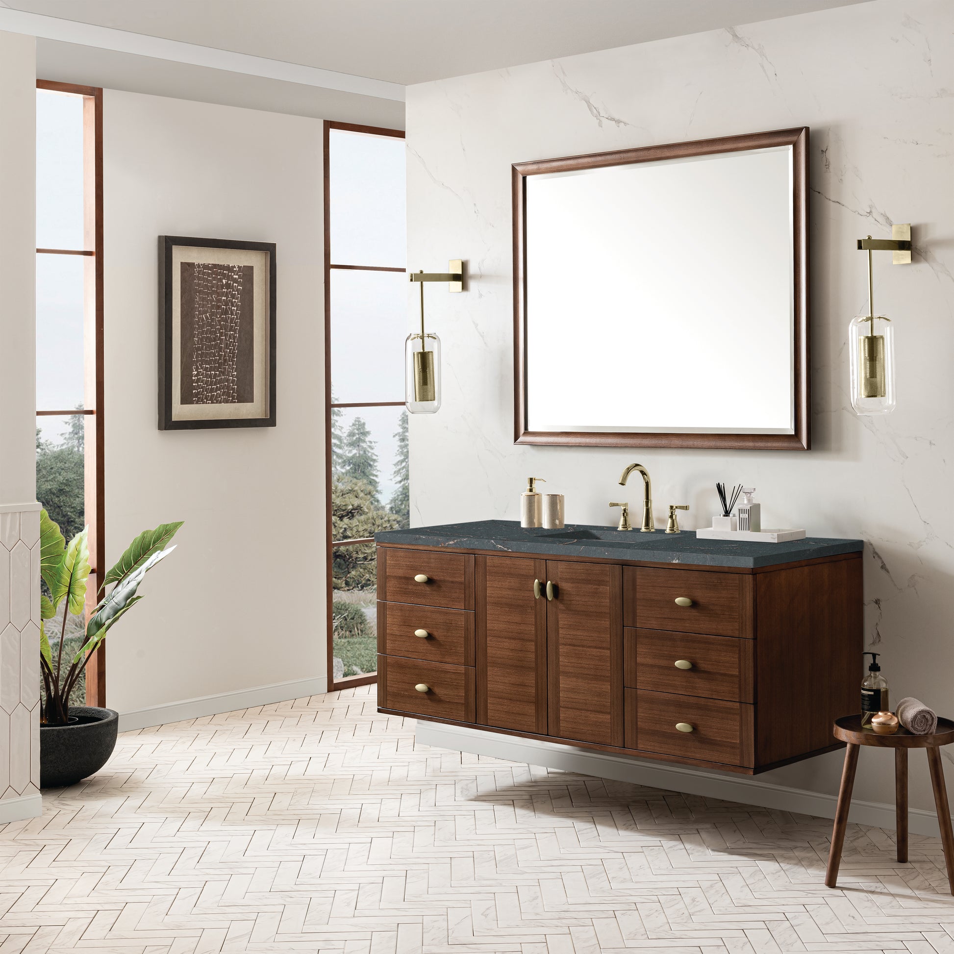 Renovate for Less Atlanta Amberly 60" Single Vanity, Mid-Century Walnut w/ 3 CM Parisien Bleu Top