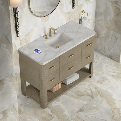 Renovate for Less Atlanta Lucian 48" Single Vanity, Pebble Oak w/ 3 CM Victorian Silver Silestone Top w/ FreePower Wireless Charger