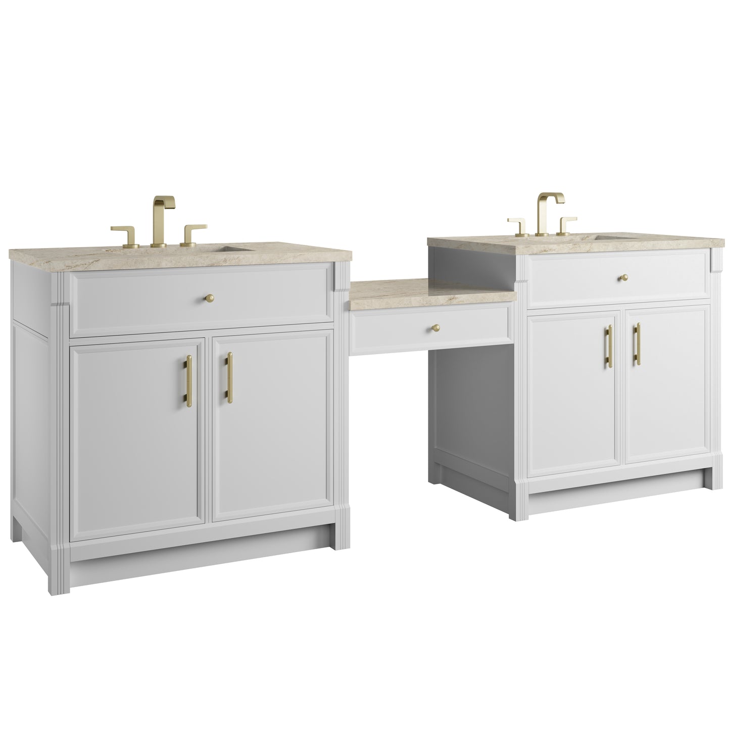 Renovate for Less Atlanta Bellshire 96" Dual Vanity Set with 24" Make-Up Counter, Bright White w/3 cm Tajnar Eclos Top