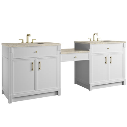 Renovate for Less Atlanta Bellshire 96" Dual Vanity Set with 24" Make-Up Counter, Bright White w/3 cm Tajnar Eclos Top