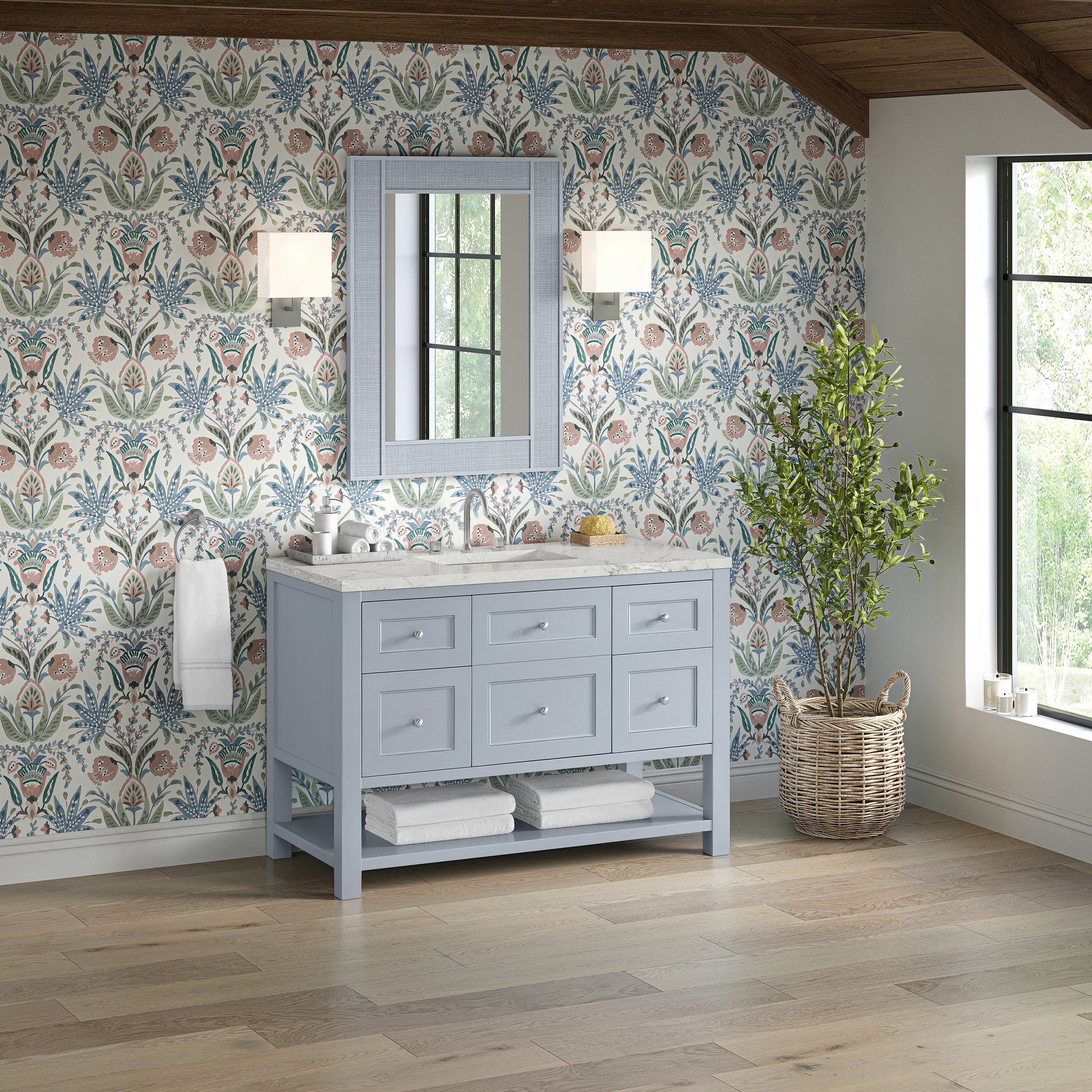 Renovate for Less Atlanta Breckenridge 48" Single Vanity, Serenity Blue, w/ 3 CM Victorian Silver Quartz Top w/FreePower Wireless Charger