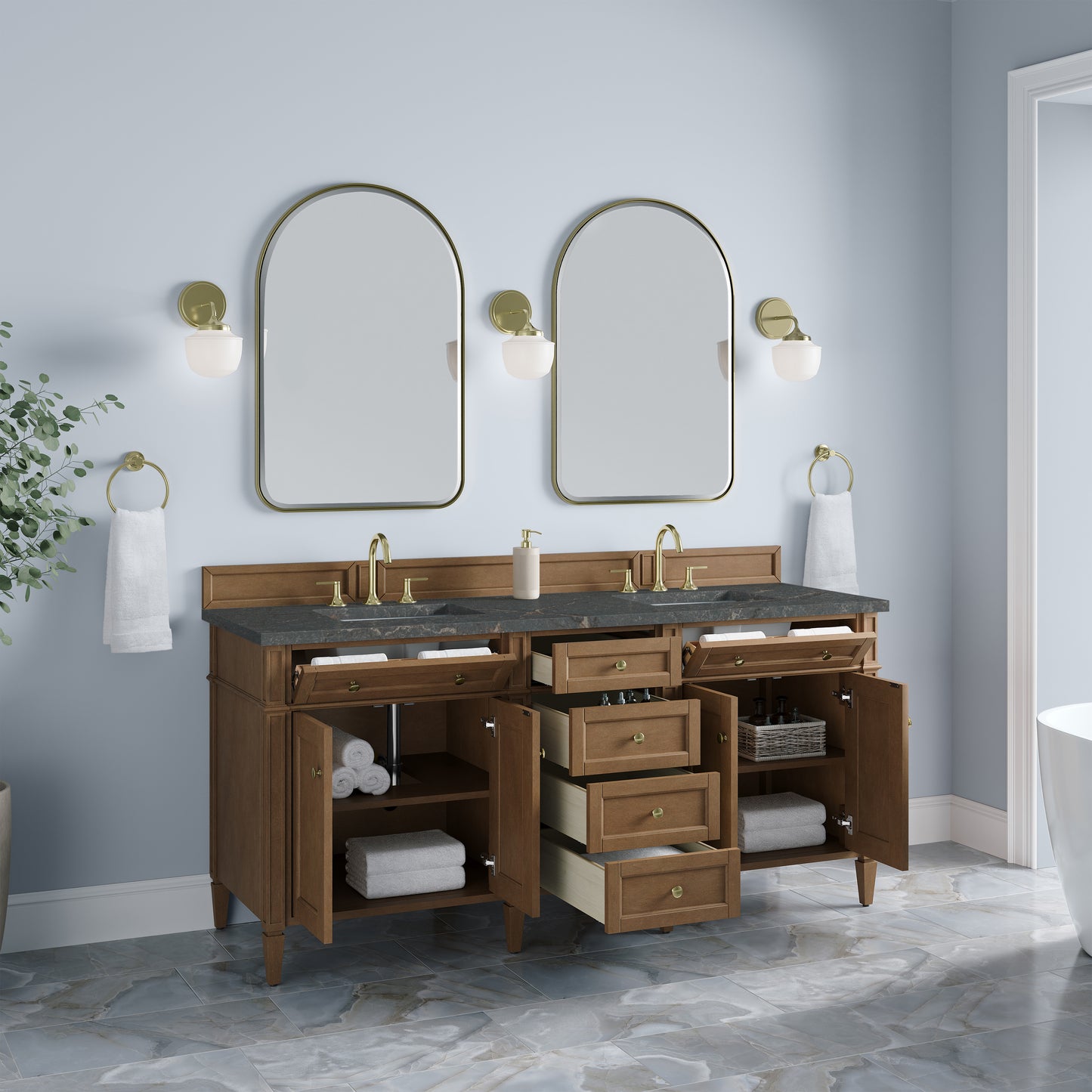 Renovate for Less Atlanta Brittany 72" Double Vanity, Pecan w/ 3 CM Parisien Bleu Silestone Top w/FreePower Wireless Charger
