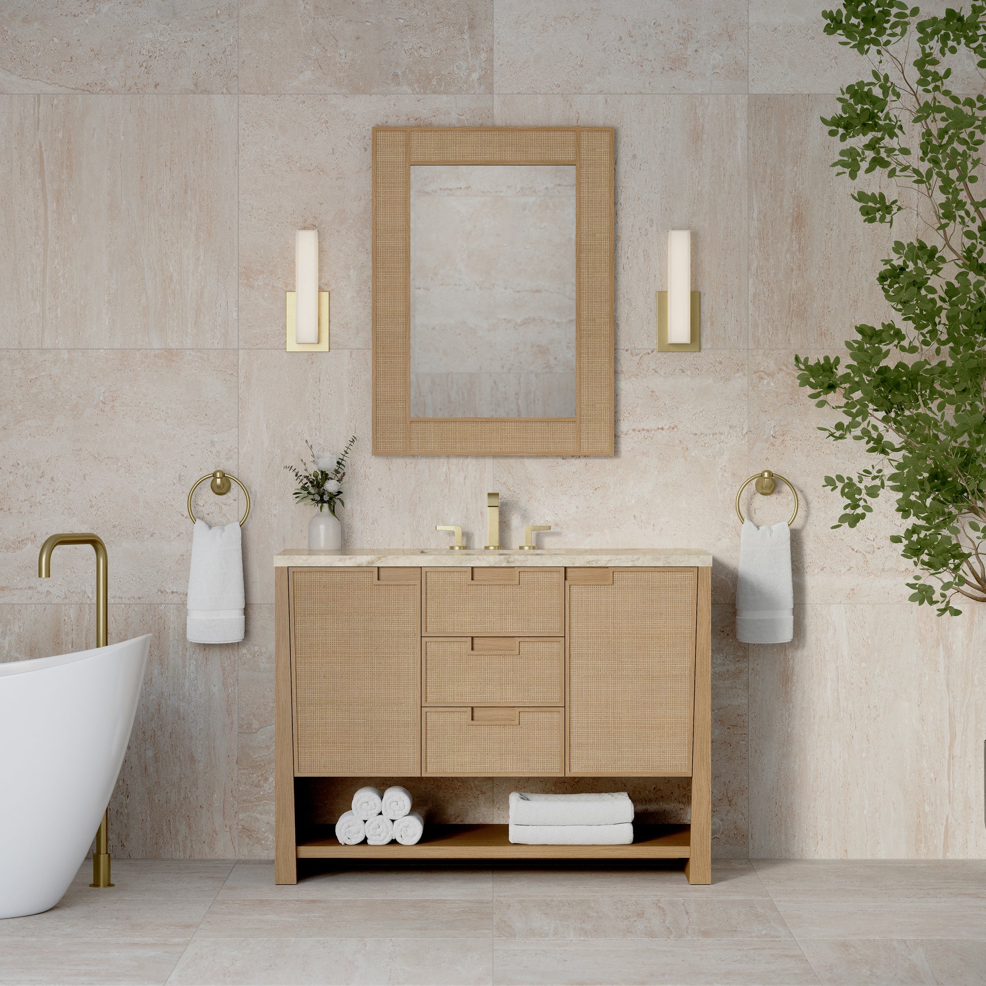 Renovate for Less Atlanta Solene 48" Single Vanity, Seaside Oak, w/ 3 CM Tajnar Eclos Top w/FreePower Wireless Charger