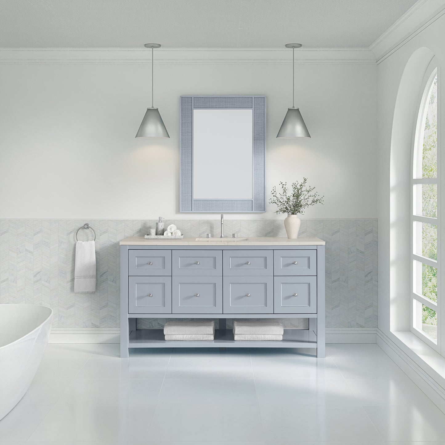 Renovate for Less Atlanta Breckenridge 60" Single Vanity, Serenity Blue, w/ 3 CM Siberian Silestone Top w/FreePower Wireless Charger