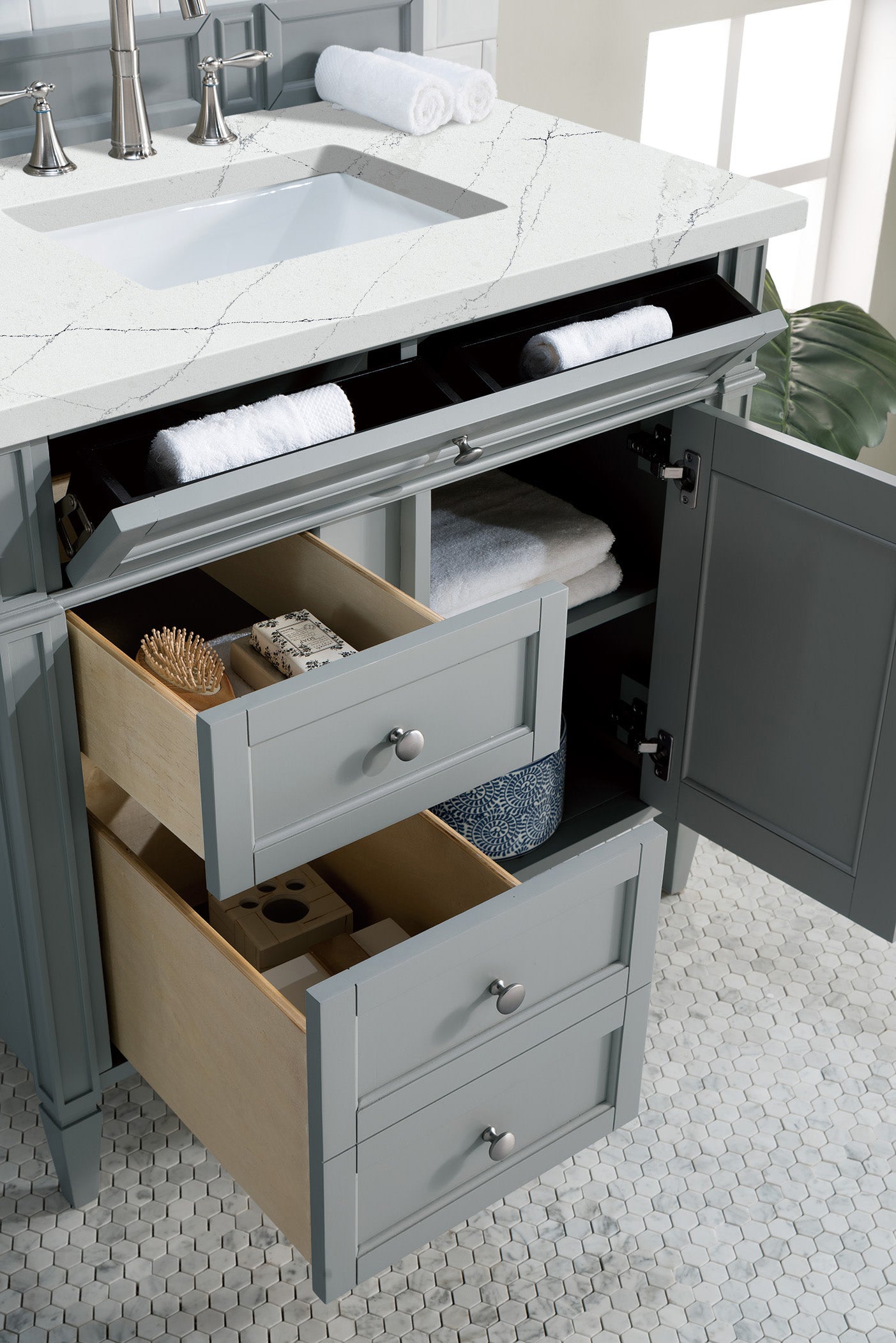 Renovate for Less Atlanta Brittany 36" Single Vanity, Urban Gray w/ 3 CM Ethereal Noctis Silestone Top