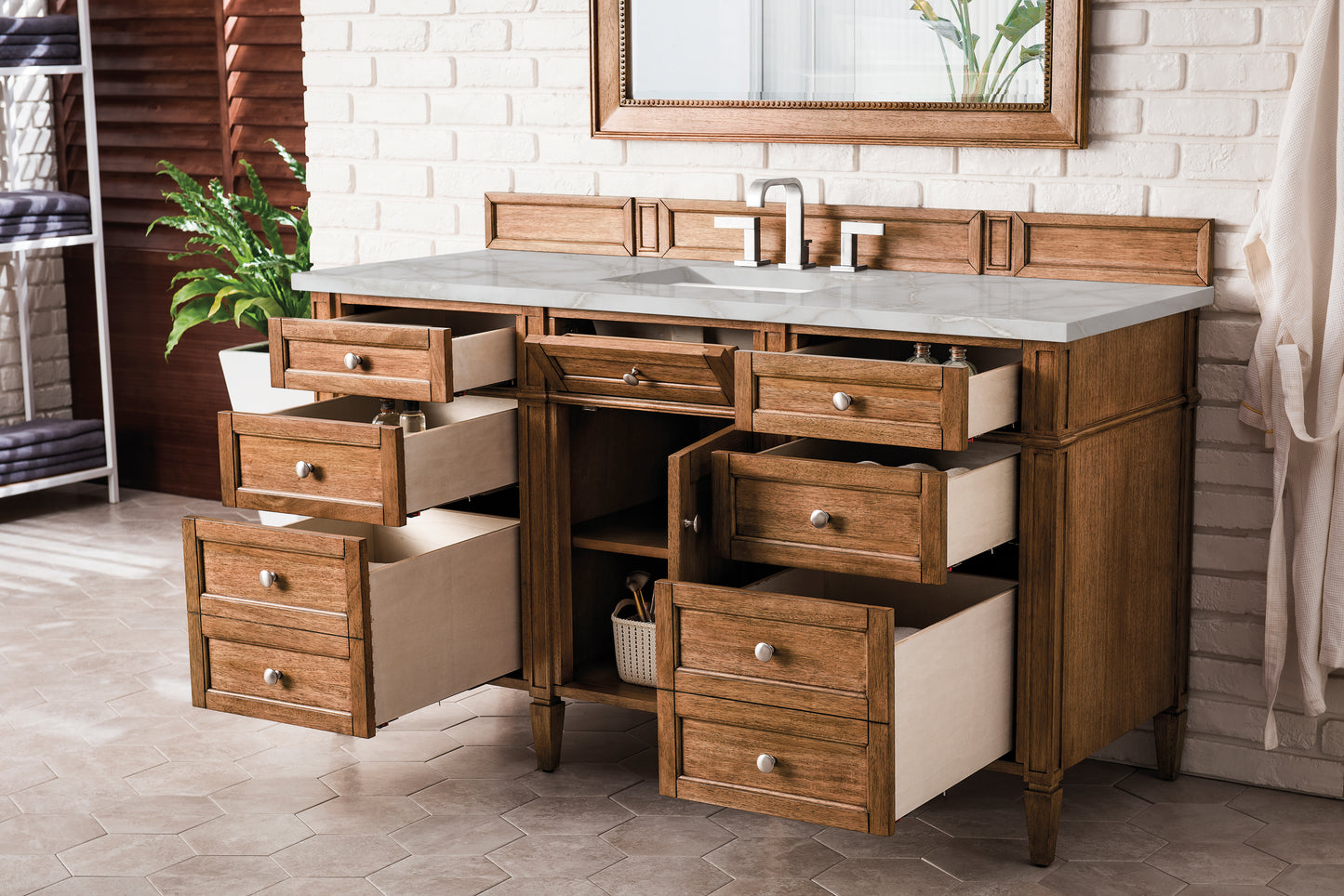 Renovate for Less Atlanta Brittany 60" Single Vanity, Saddle Brown w/ 3 CM Victorian Silver Silestone Top