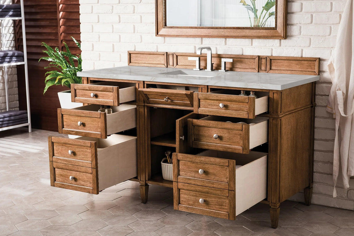 Brittany 60" Single Vanity, Saddle Brown w/ 3 CM Victorian Silver Silestone Top w/FreePower Wireless Charger