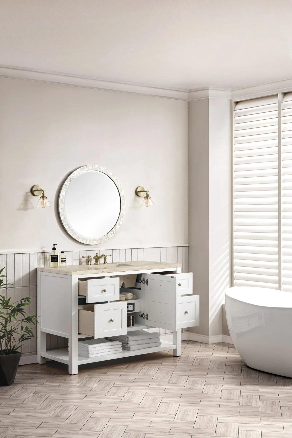 Breckenridge 48" Single Vanity, Bright White, w/ 3 CM Tajnar Eclos Top w/FreePower Wireless Charger
