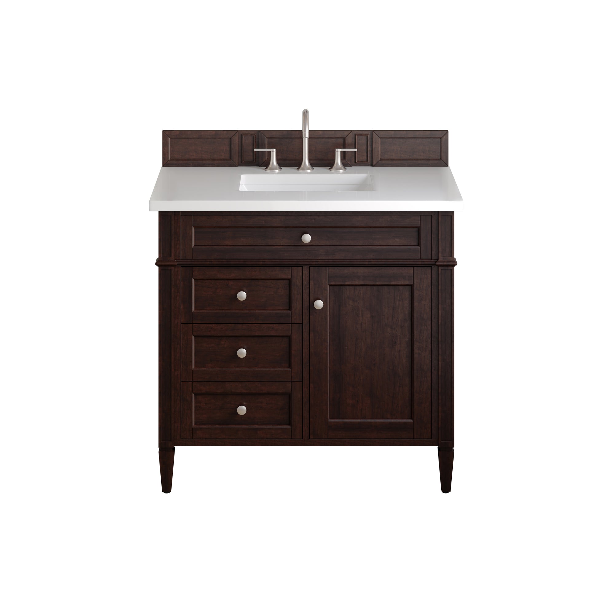 Renovate for Less Atlanta Brittany 36" Single Vanity, Burnished Mahogany w/ 3 CM White Zeus Silestone Top