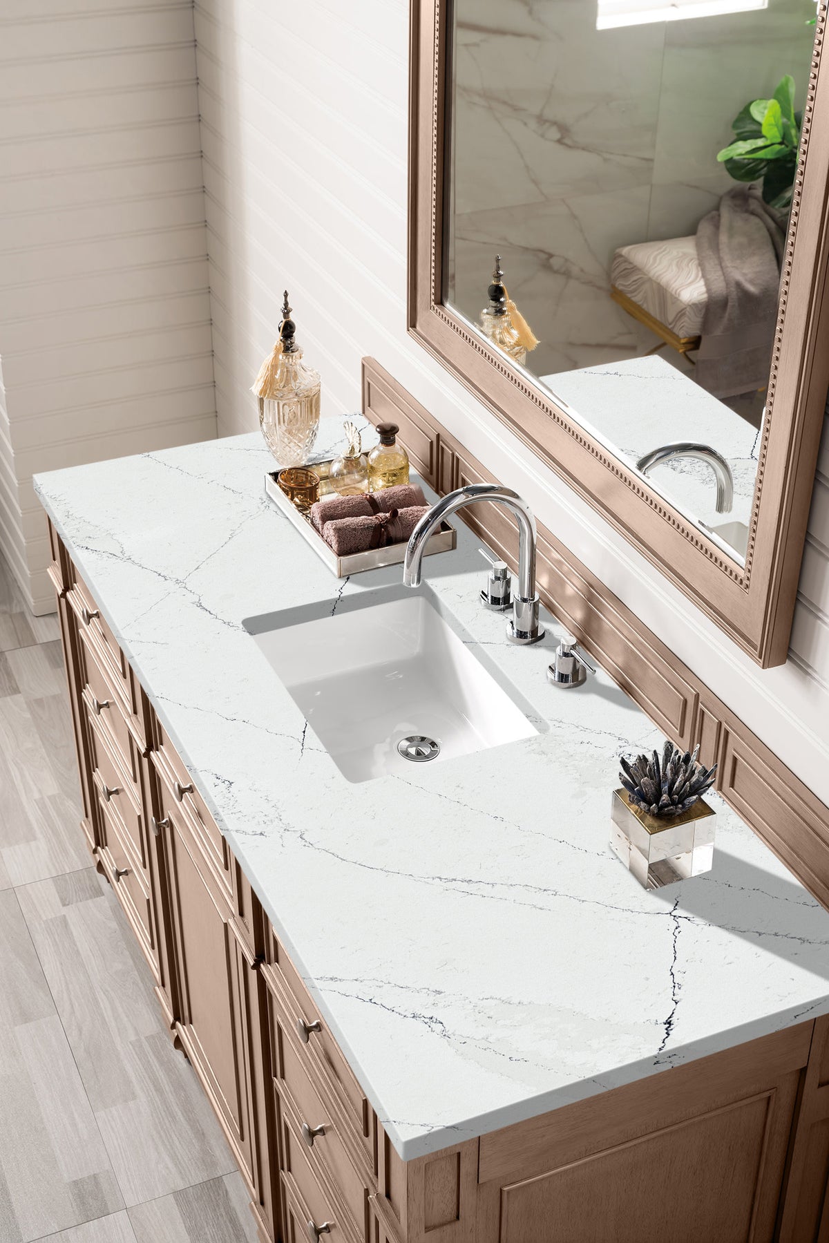 Renovate for Less Atlanta Bristol 60" Single Vanity, Whitewashed Walnut w/ 3 CM Ethereal Noctis Silestone Top w/FreePower Wireless Charger