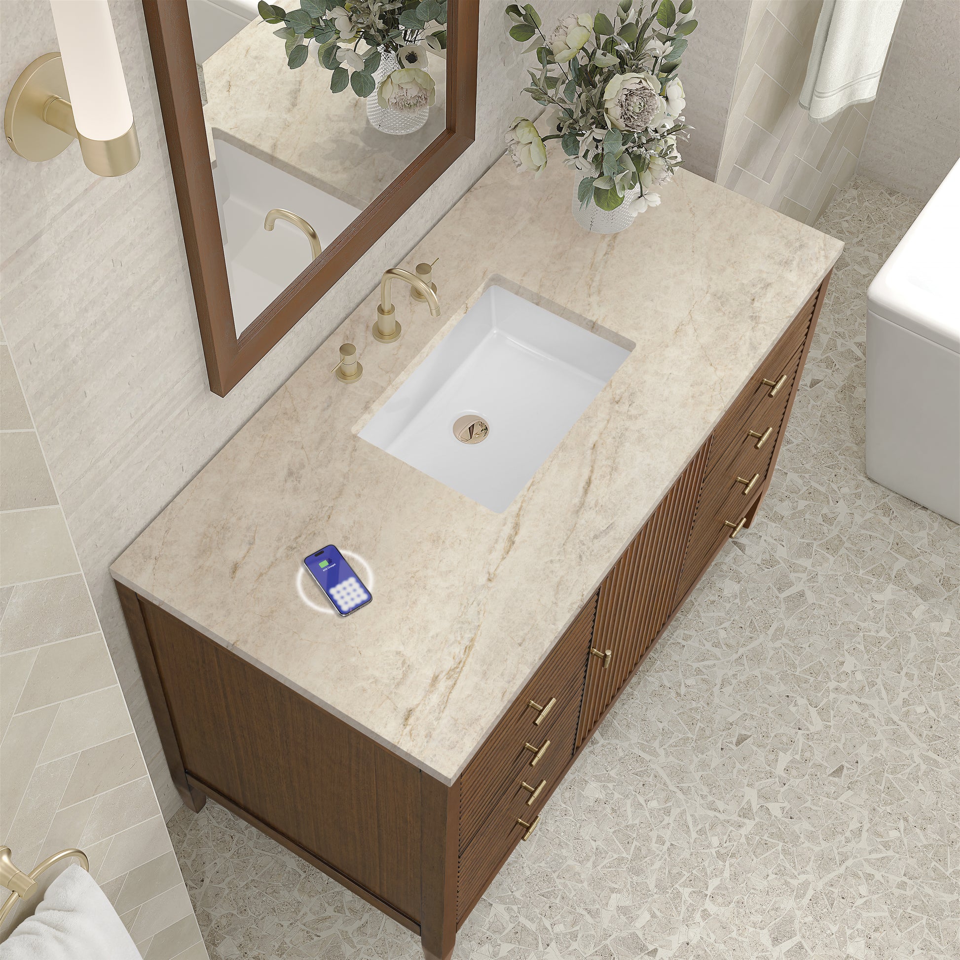 Renovate for Less Atlanta Myrrin 48" Single Vanity, Mid Century Walnut, w/ 3 CM Tajnar Eclos Top w/FreePower Wireless Charger