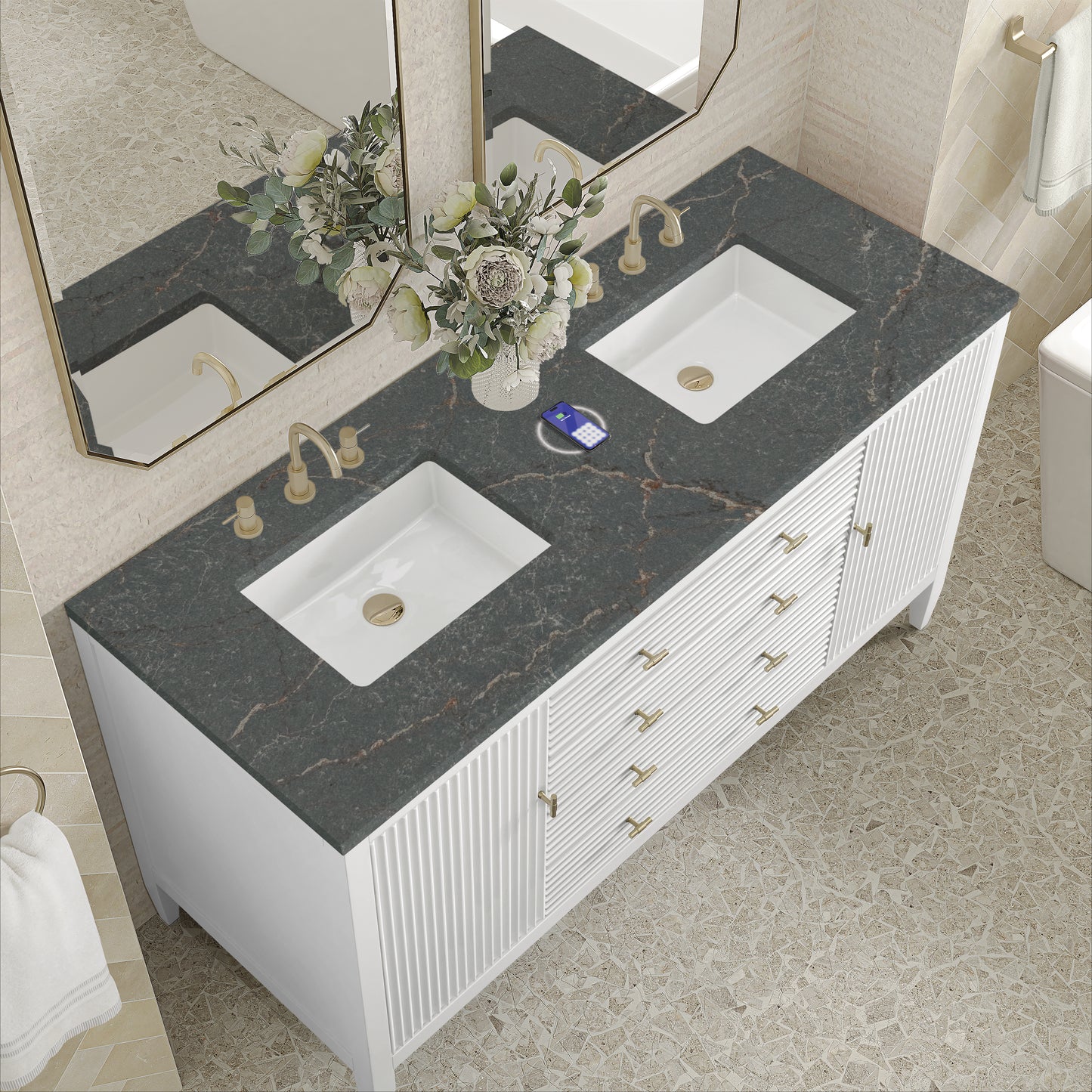 Renovate for Less Atlanta Myrrin 60" Double Vanity, Bright White w/ 3 CM Parisien Bleu Silestone Top w/FreePower Wireless Charger