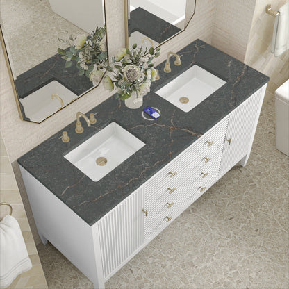 Renovate for Less Atlanta Myrrin 60" Double Vanity, Bright White w/ 3 CM Parisien Bleu Silestone Top w/FreePower Wireless Charger