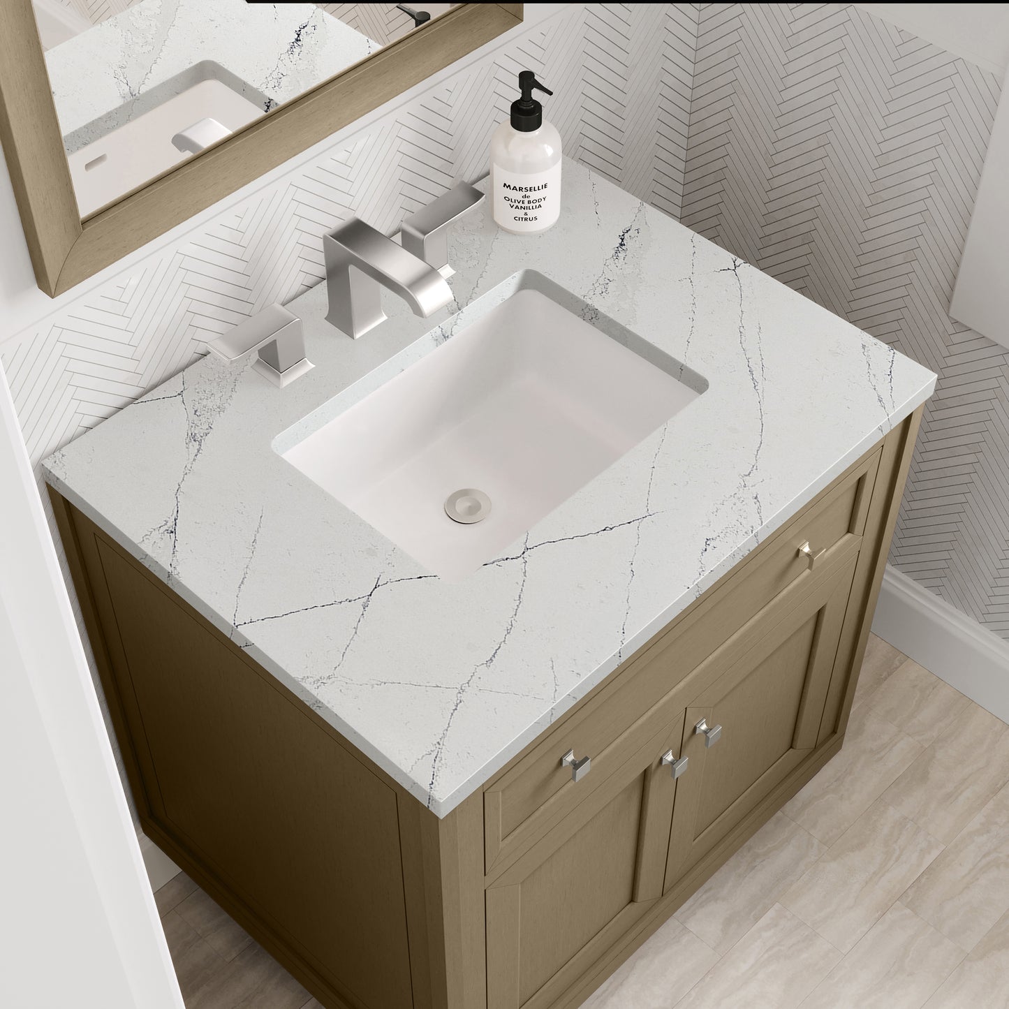 Renovate for Less Atlanta Chicago 30" Single Vanity, Walnut Whisper, w/ 3 CM Ethereal Noctis Silestone® Top