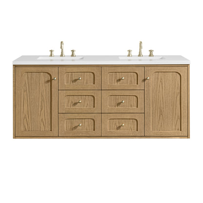 Renovate for Less Atlanta Laurent 60" Double Vanity, Light Natural Oak, w/ 3 CM White Zeus Quartz Top