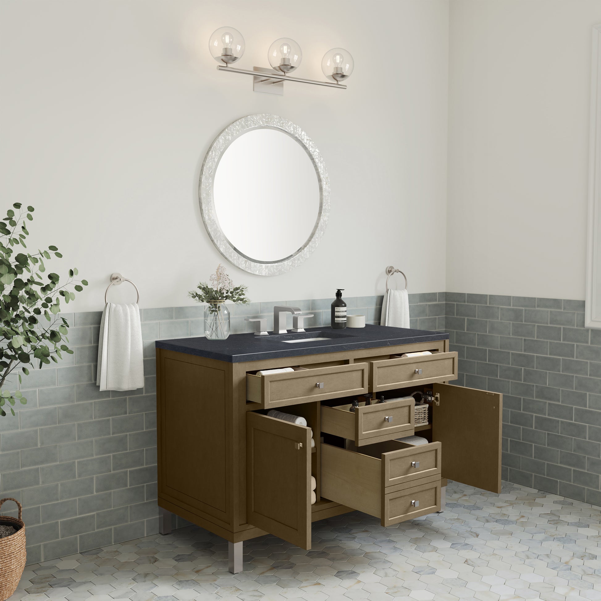 Renovate for Less Atlanta Chicago 48" Single Vanity, Walnut Whisper, w/ 3 CM Charcoal Soapstone Silestone® Top