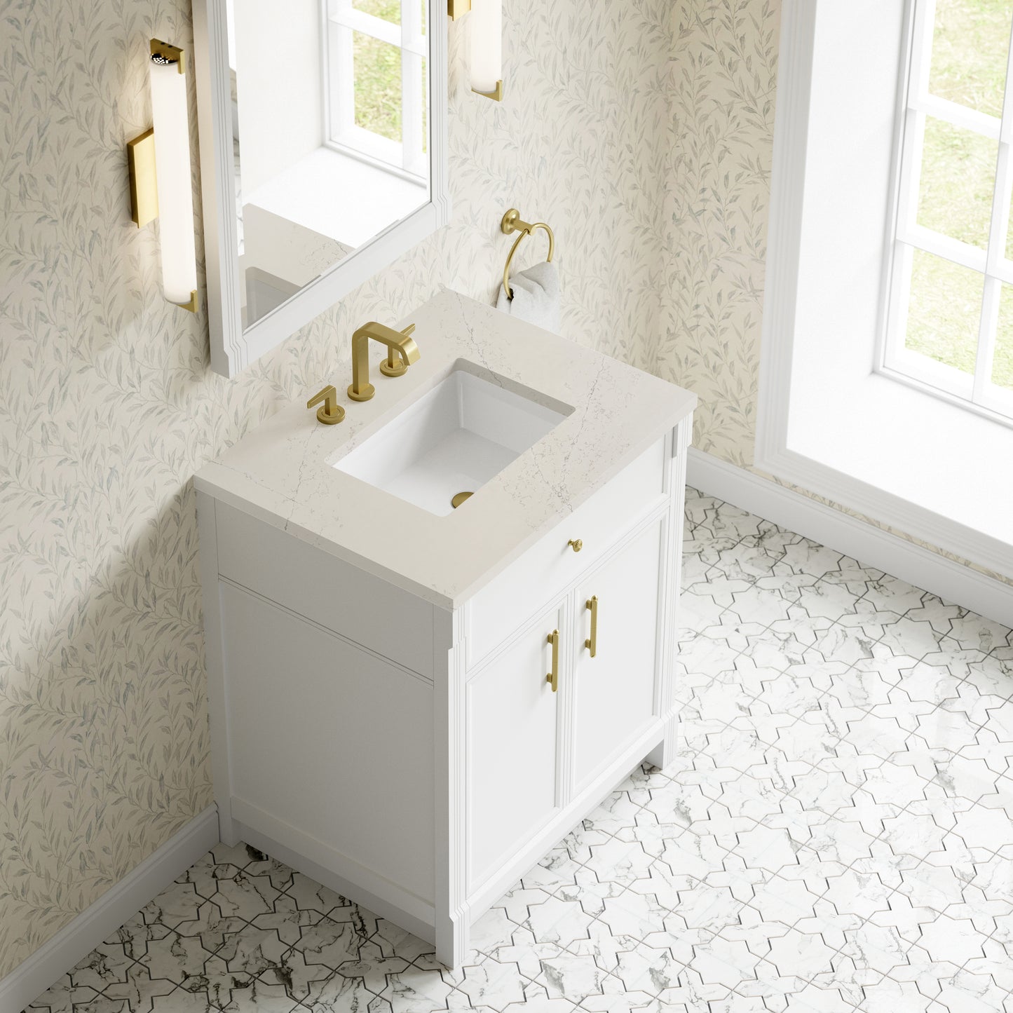 Renovate for Less Atlanta Bellshire 30" Single Vanity, Bright White w/ 3 CM Siberian Silestone Top