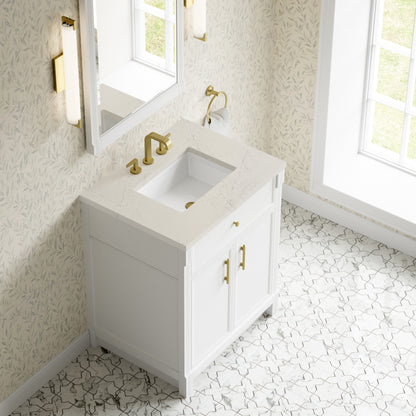 Renovate for Less Atlanta Bellshire 30" Single Vanity, Bright White w/ 3 CM Siberian Silestone Top