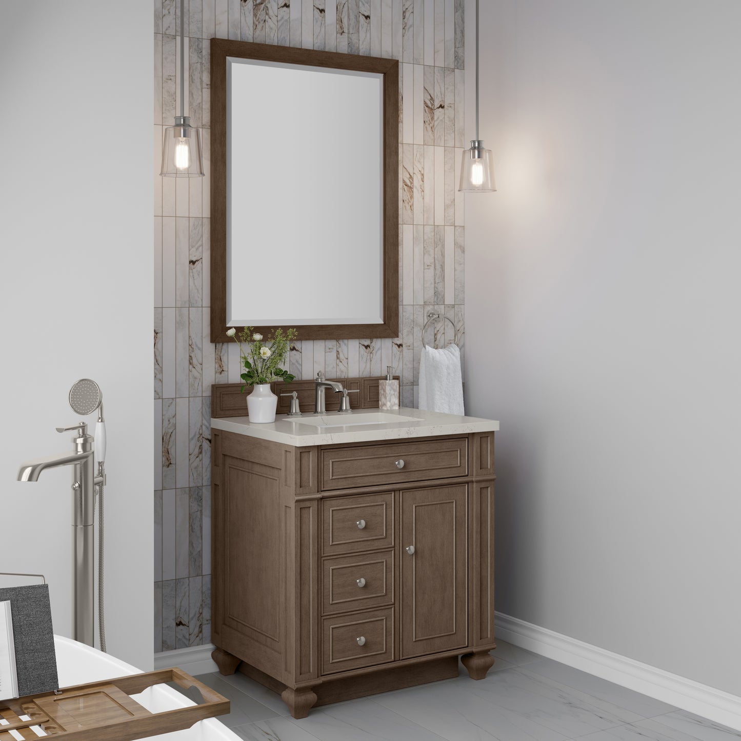 Renovate for Less Atlanta Bristol 30" Single Vanity, Whitewashed Walnut, w/ 3 CM Siberian Silestone Top