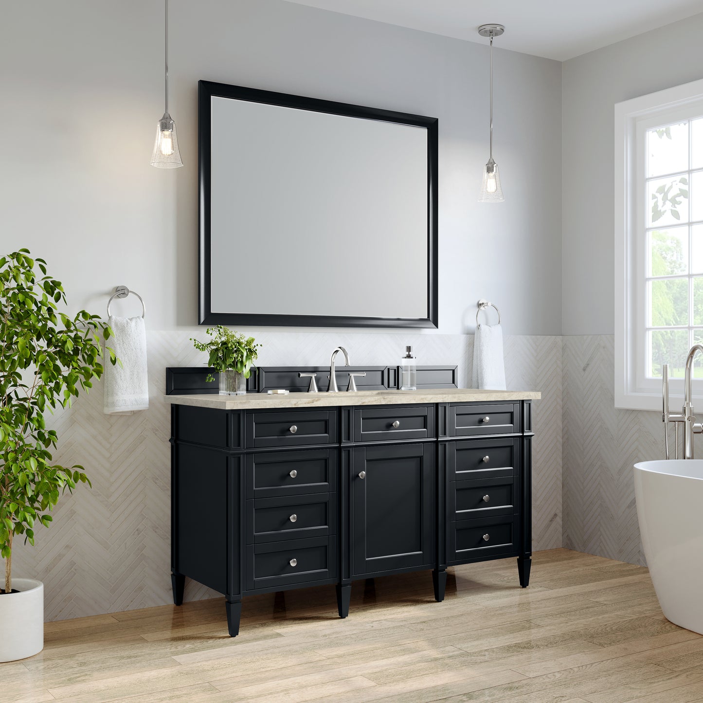 Renovate for Less Atlanta Brittany 60" Single Vanity, Black Onyx, w/ 3 CM Tajnar Eclos Top w/FreePower Wireless Charger