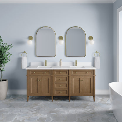 Renovate for Less Atlanta Brittany 72" Double Vanity, Pecan w/ Single Hole 3 CM White Zeus Silestone Top and Matching Backsplash