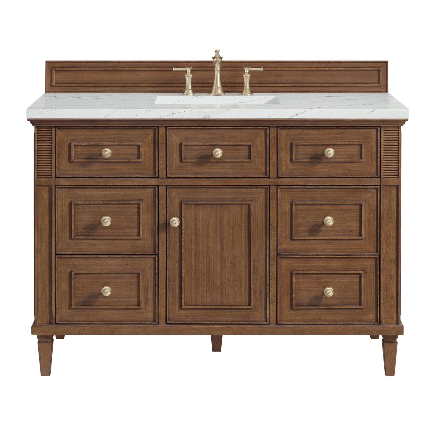 Renovate for Less Atlanta Lorelai 48" Single Vanity, Mid-Century Walnut w/ 3 CM Ethereal Noctis Silestone Top w/FreePower Wireless Charger