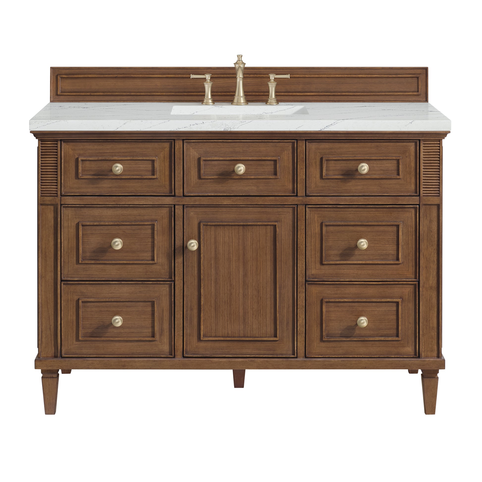 Renovate for Less Atlanta Lorelai 48" Single Vanity, Mid-Century Walnut w/ 3 CM Ethereal Noctis Silestone Top w/FreePower Wireless Charger